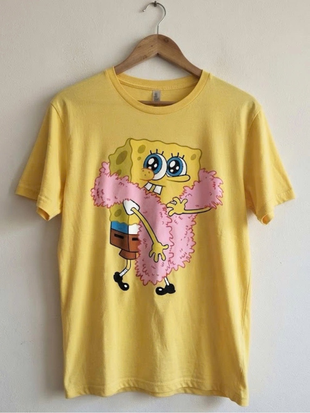 Gildan Yellow SpongeBob Graphic Tee with Pink Boa | Unisex Shirt